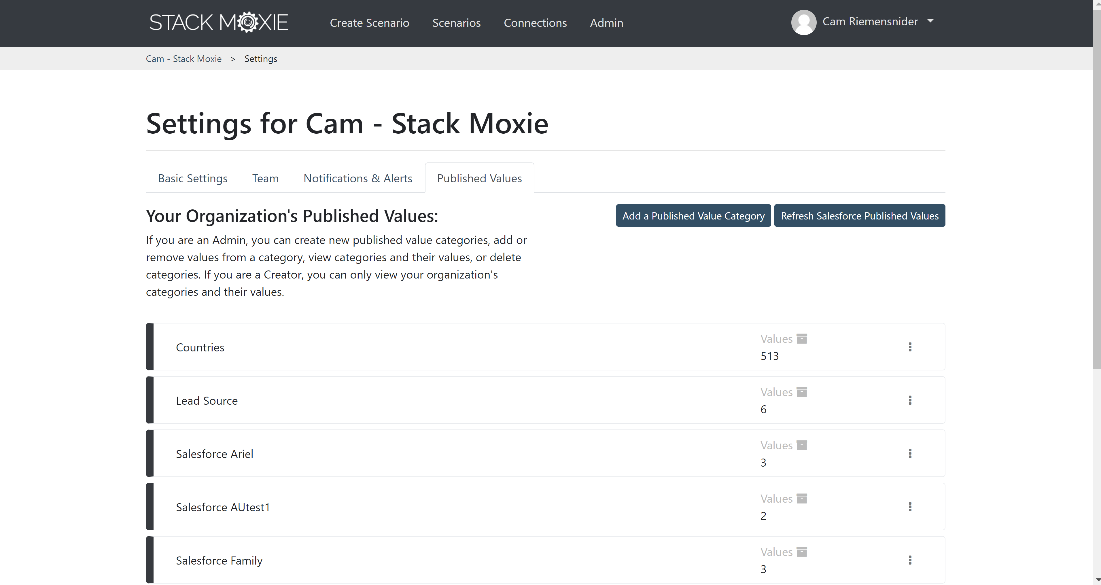 Stack Moxie Published Values
